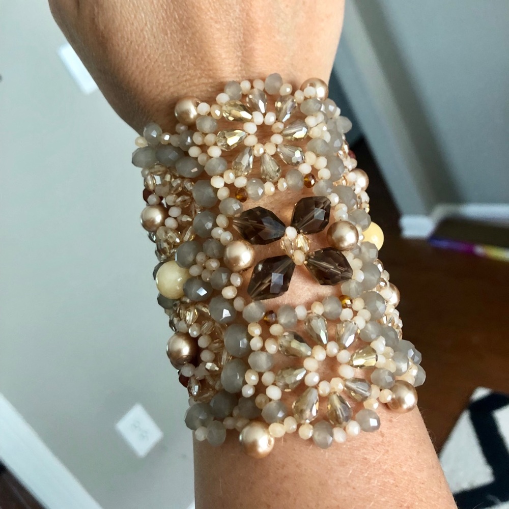 Hand beaded bracelet / cuff with gold metal clasp